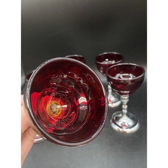 Moondrop Ruby Red Glass Cordial W/ Metal chrome Stem Martinsville Set 5 - Picture 8 of 12